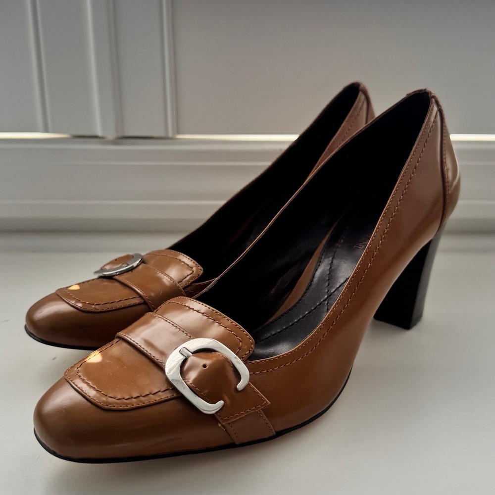 Vtg Enzo Angiolini Womens Taurus Brown Leather Square Toe Chunky Heels Sz‎ 9 NEW